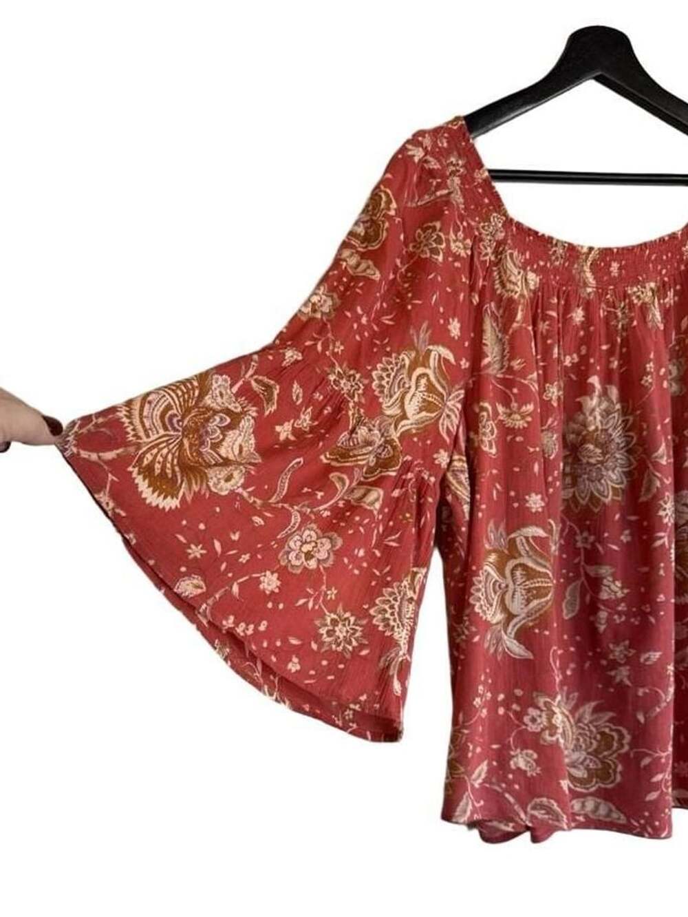 Chaps Floral Bell Sleeve Peasant Blouse 100% Cotton Rust/Orange Boho India - Picture 2 of 9